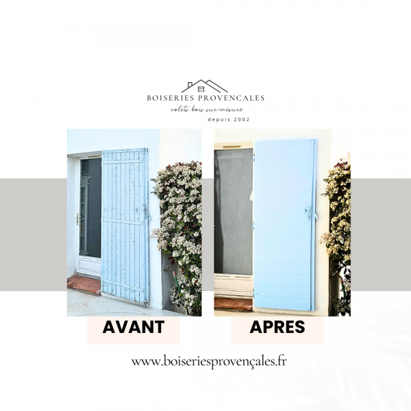 Avant / Après de notre remplacement de volets provençaux à la Cadière par des volets en Okoumé CTBX